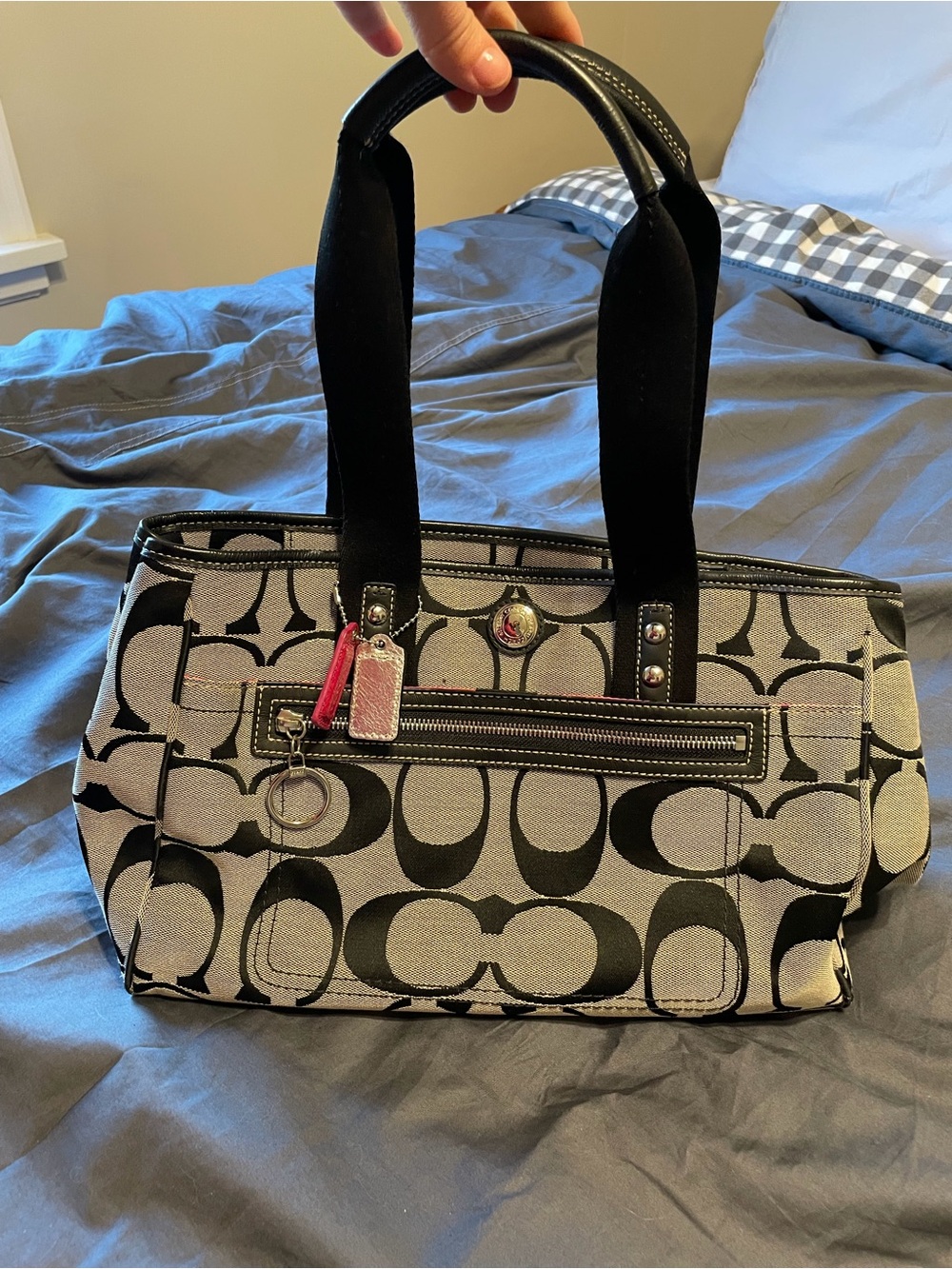 Coach Black & Gray Signature Shoulder Tote with Pink Charm